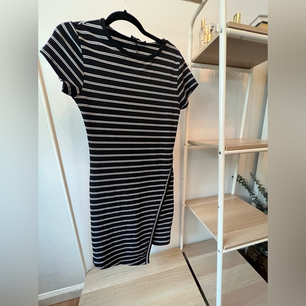 Asymmetrical striped body con dress